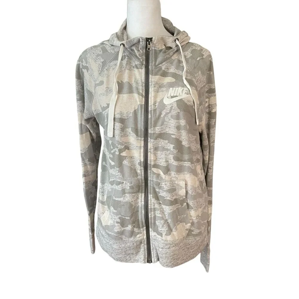 Nike Small Gym Vintage Hoodie Full Zip Sweatshirt Gray Camo Hooded Casual